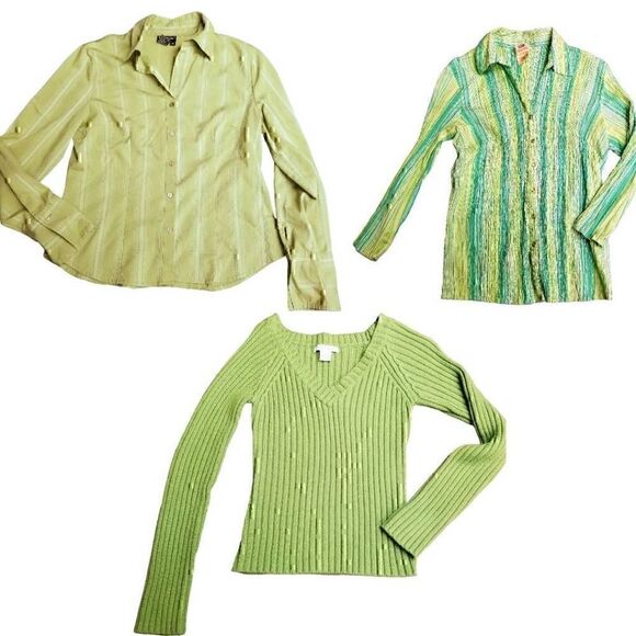 Green 3 Three Name Brand Blouses Button Down & Crewneck Sweater Tops - Picture 1 of 12